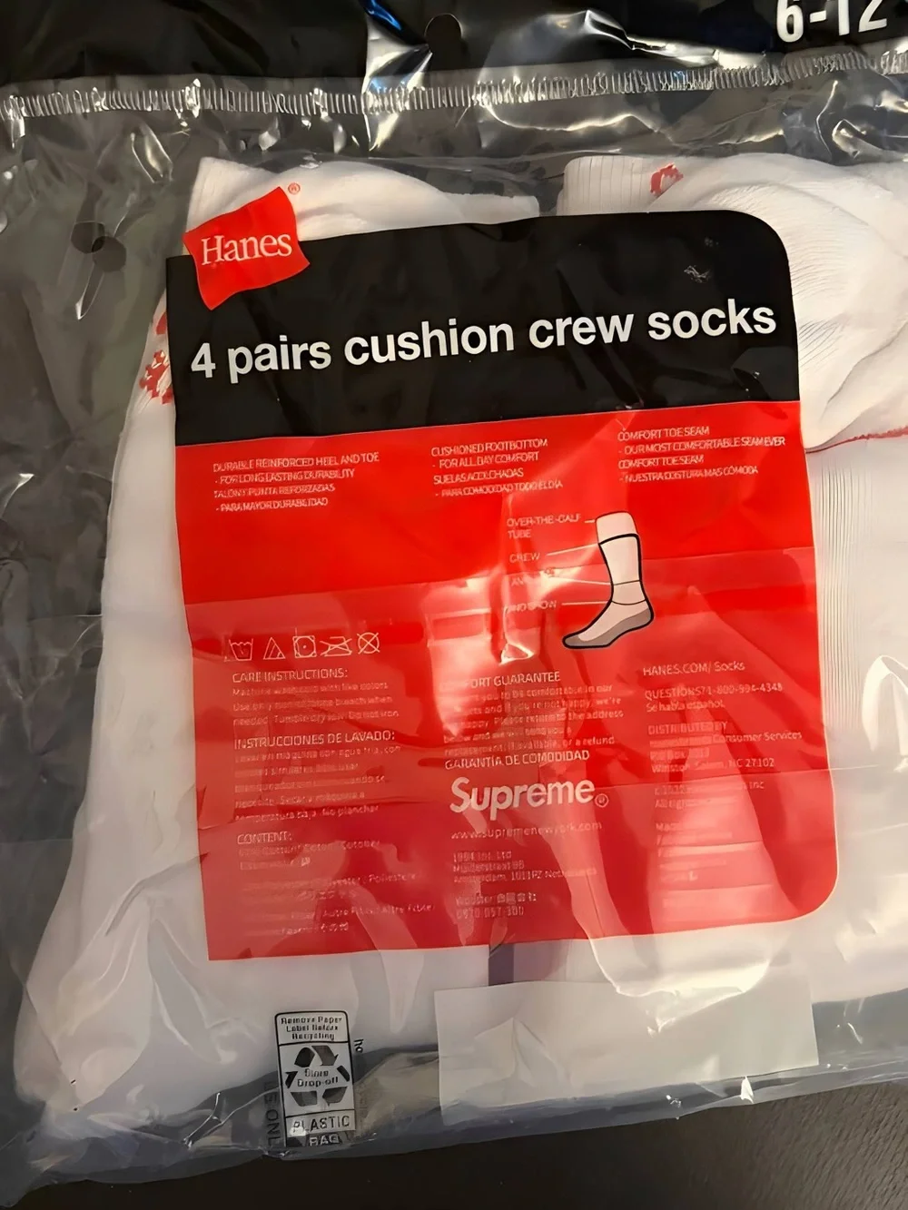 Hanes White Crew Socks with Red Supreme Logo - 4 Pack